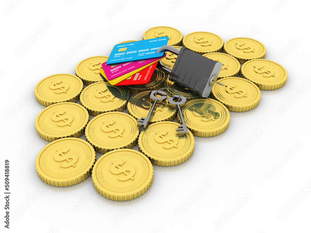 3d rendering  credit or debit card protection lock on dollar gold coin
