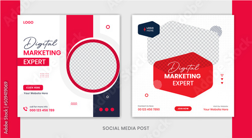 Red corporate social media post set, business agency square post template, digital marketing vector