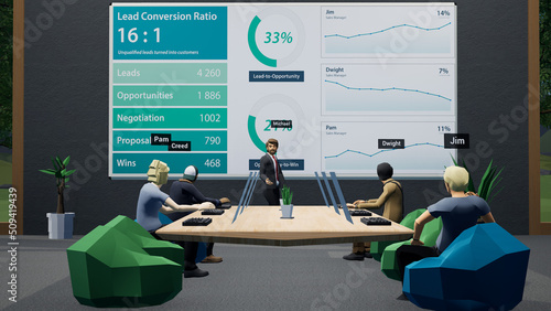 People as avatars having a business meeting in a virtual metaverse VR office, discussing company financial sales report stats. Generic 3d rendering photo