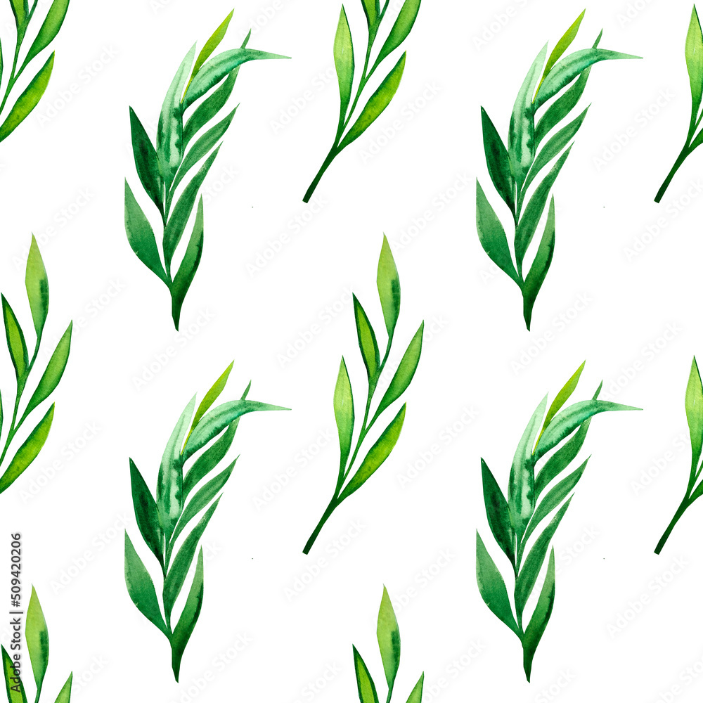 Green watercolor branches with leaves seamless pattern. Endless vegetable background. Hand drawn backdrop and wallpaper. For fabric and packaging paper.