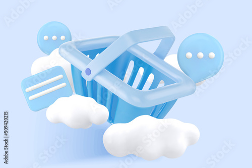 3d render realistic shopping cart, clouds and social icons. Vector illustration