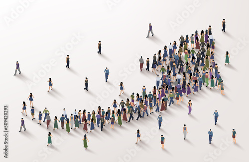 large group of people gathered together as an arrow symbol. People crowd concept. Vector photo