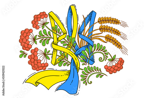 Vector illustration design, decorative version of the state symbol of Ukraine trident. Ribbon in blue and yellow flag, viburnum berries and ears of wheat