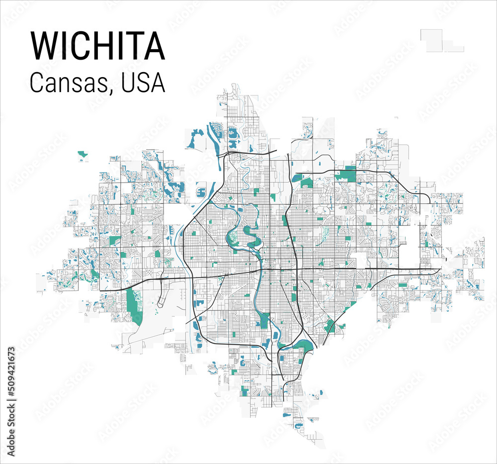 Wichita Kansas vector map. Detailed map of Wichita city administrative area. Cityscape panorama illustration. Road map with highways, streets, rivers.