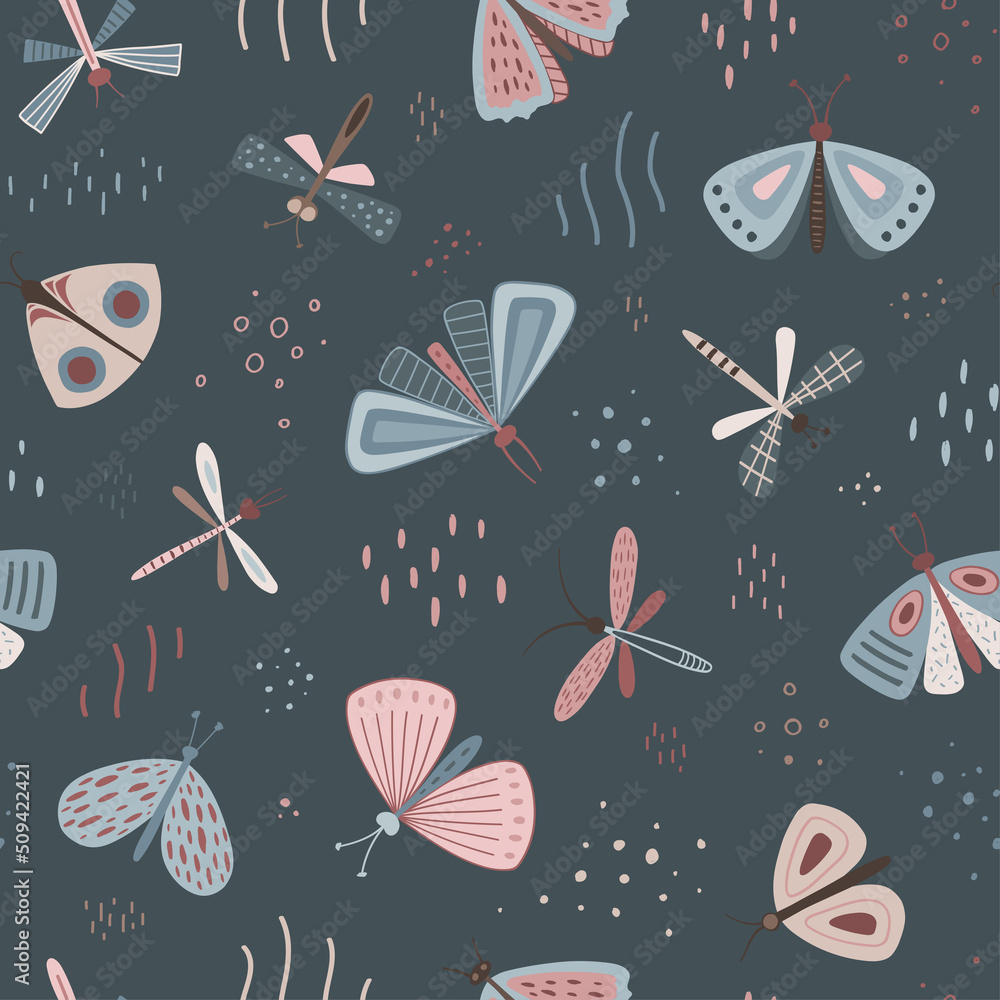Seamless hand-drawn childish pattern with butterflies and dragonflies.