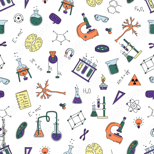 Seamless pattern with hand drawn scientific elements. Flasks, formulas, microscope and more. The concept of science, education.