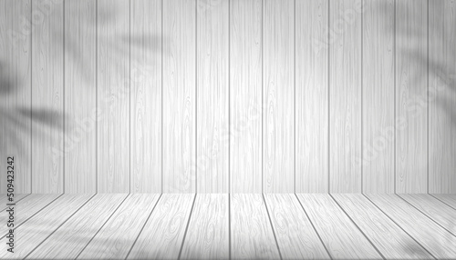 Wood texture wall room.3d Studio Backdrop banner with palm leaf shadow on White washed wooden panel board. Grey wood vintage background