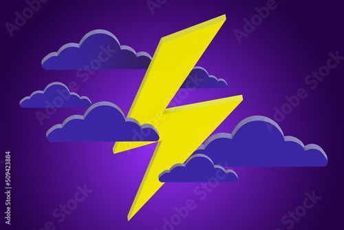 Lightning in clouds. Storm front concept. Thunder lightning among clouds. Purple sky with lightning. Cloudy forecast. Volumetric clouds. Forecast approaching thunderstorm front. 3d image.