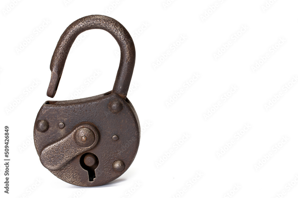old rusty u-lock open guard white background old rusty u-lock open guard white background