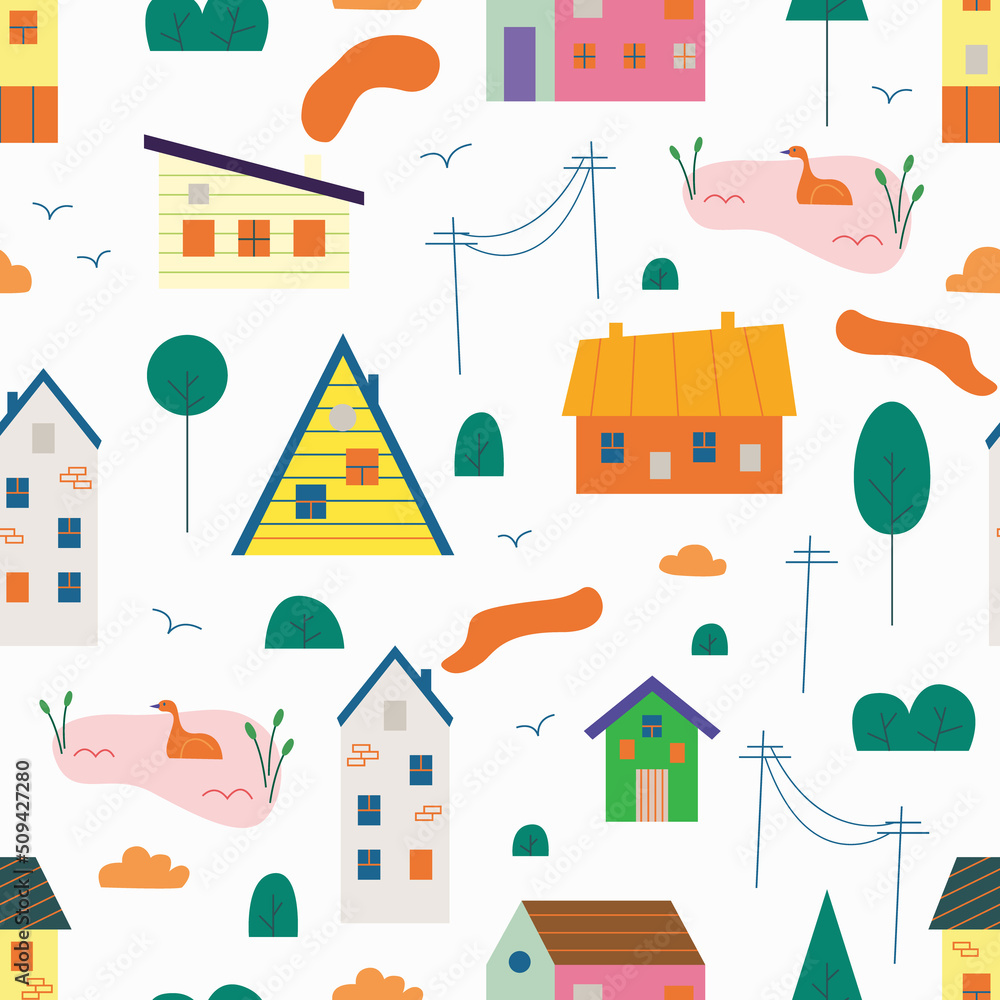 Fototapeta premium Seamless pattern of small tiny houses, trees, clouds, bush, pond in Scandinavian style. Cute kids urban and village homes, building, residential city houses landscape. Hand drawn flat illustration.