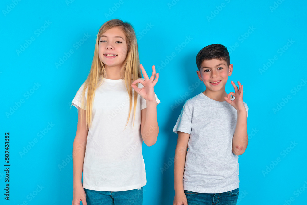 Glad attractive two kids boy and girl standing over blue studio background shows ok sign with hand as expresses approval, has cheerful expression, being optimistic. Glad attractive two kids boy and girl standing over blue studio background shows ok sign with hand as expresses approval, has cheerful expression, being optimistic.