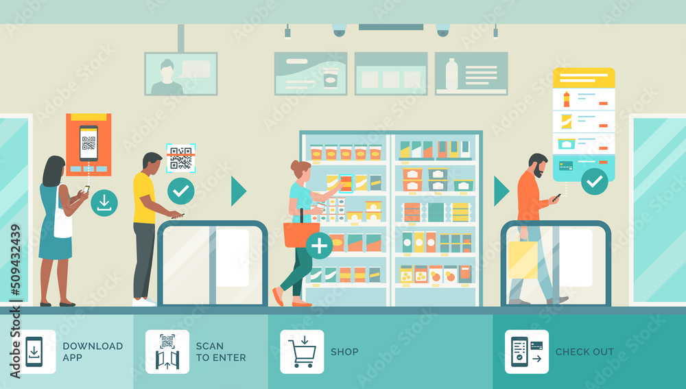 People doing grocery shopping at the automated AI store People doing grocery shopping at the automated AI store