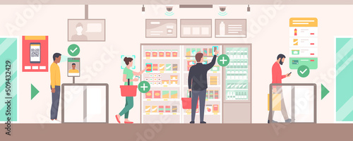 People doing grocery shopping at the automated AI convenience store