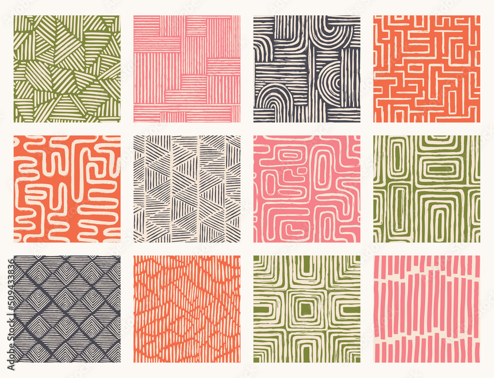 Set Aesthetic Contemporary printable seamless pattern with abstract line brush stroke shapes and line in nude colors. Pastel boho background in minimalist mid century style vector Illustration wall