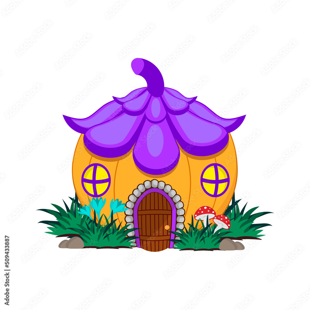 Fairy house in the form of a ripe pumpkin with a roof in the form of a flower bluebell isolated on a white background. Vector cartoon close-up illustration