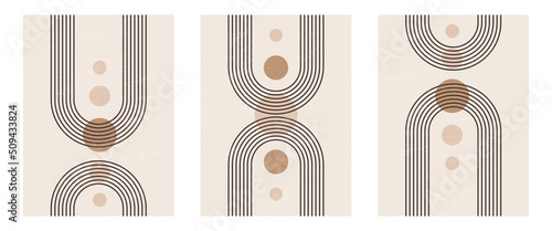 Set of Mid century modern minimalist art print with organic natural shape. Abstract contemporary aesthetic background with geometric Minimal black line on beige. Boho wall decor.