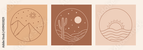 Boho mystic doodle esoteric set. Magic line art poster with moon, hand, flower. Bohemian modern vector illustration