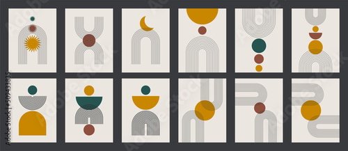 Set of Mid century modern minimalist art print with organic natural shape.