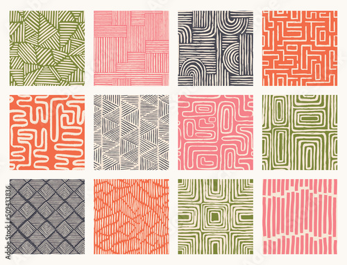 Set Aesthetic Contemporary printable seamless pattern with abstract line brush stroke shapes and line in nude colors. Pastel boho background in minimalist mid century style vector Illustration wall