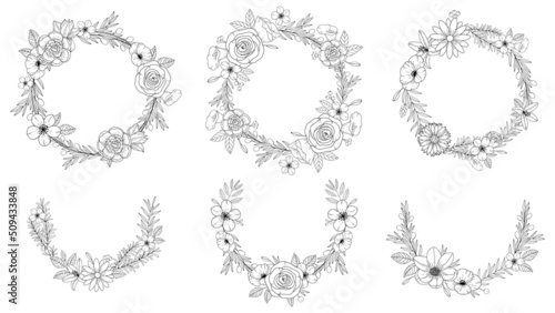 Set abstract elegant line art flower and leaf wreath. Continuous boho line art silhouette of floral artwork