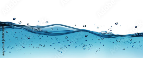 Transparent water waves with air bubbles and sunbeams on transparent background. Vector illustration