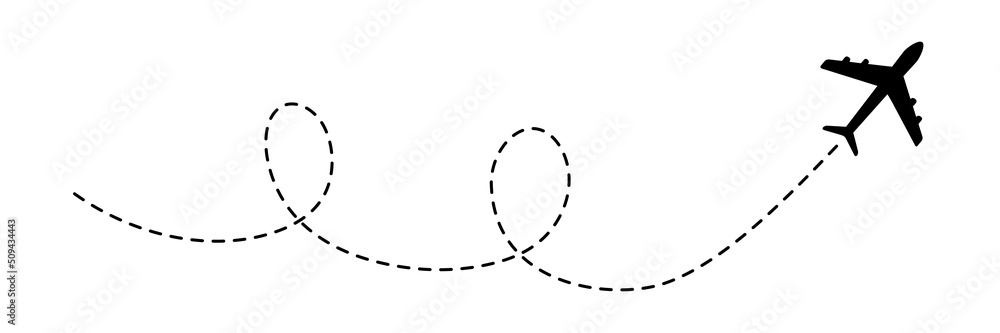 Airplane line path icon. Air plane flight route with line trace. Vector illustration isolated on white background. Airplane line path icon. Air plane flight route with line trace. Vector illustration isolated on white background.