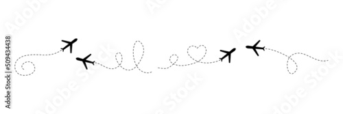 Airplane line path set. Plane flight route with line trace. Tourism and travel concept. Vector illustration  isolated on white background.