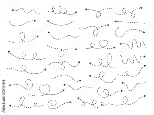 Dotted line arrows doodle set. Hand drawn dashed different way arrow. Linear route collection. Vector isolated on white.