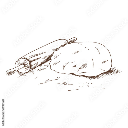 Vector hand drawn illustration of dough, rolling pin and flour. Brown and white pastry drawing isolated on white background. Sketch icon and bakery element for print, web, mobile and infographics.