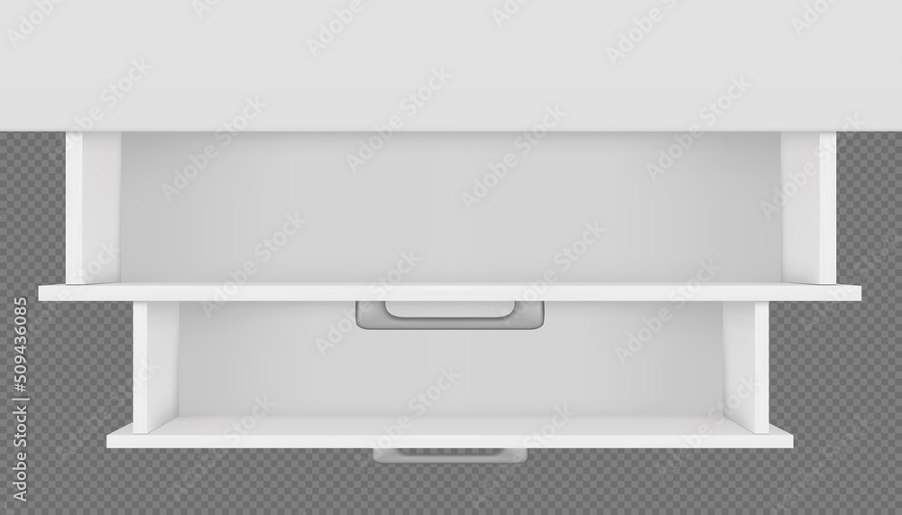 Top view of two white empty open drawers of cabinet, cupboard or nightstand. Vector mockup of 3D rendered furniture. Interior office or living room object Top view of two white empty open drawers of cabinet, cupboard or nightstand. Vector mockup of 3D rendered furniture. Interior office or living room object
