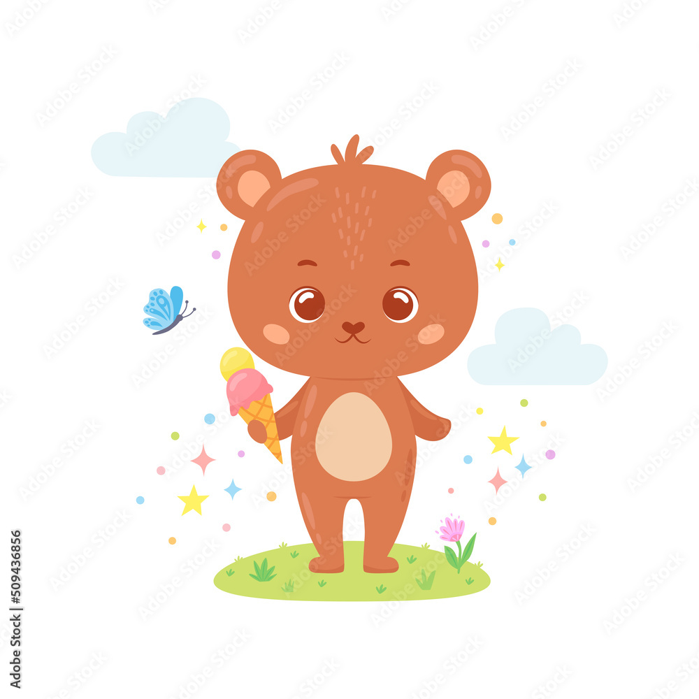 custom made wallpaper toronto digitalCute baby bear with ice cream in a clearing with grass and flowers. Funny childish character for card, poster, print, kid clothing, cover. Vector illustration in cartoon style isolated on white