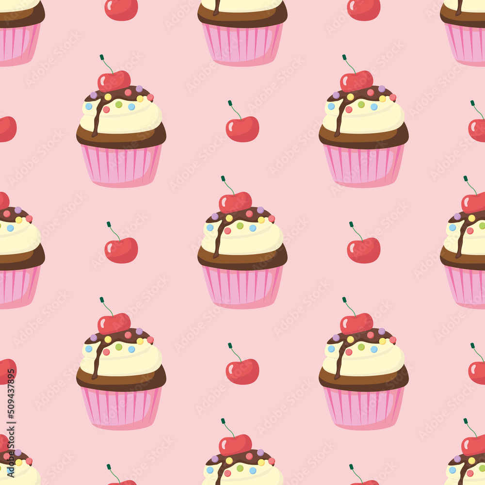 Seamless pattern of chocolate cupcake with cherry, souffle and colored sugar balls in cupcake paper on pink. Hand drawn cute cream pastries. Muffin dessert sweet, food. Bakery shop, cooking, tea party Seamless pattern of chocolate cupcake with cherry, souffle and colored sugar balls in cupcake paper on pink. Hand drawn cute cream pastries. Muffin dessert sweet, food. Bakery shop, cooking, tea party