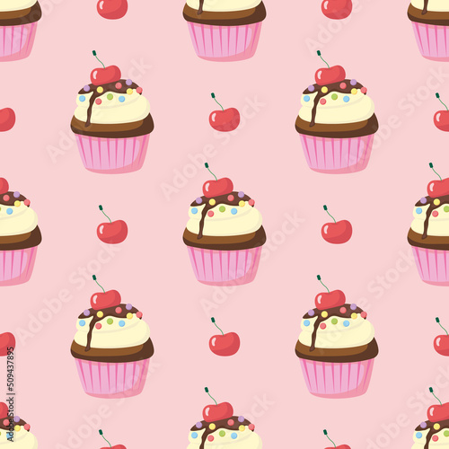 Seamless pattern of chocolate cupcake with cherry, souffle and colored sugar balls in cupcake paper on pink. Hand drawn cute cream pastries. Muffin dessert sweet, food. Bakery shop, cooking, tea party