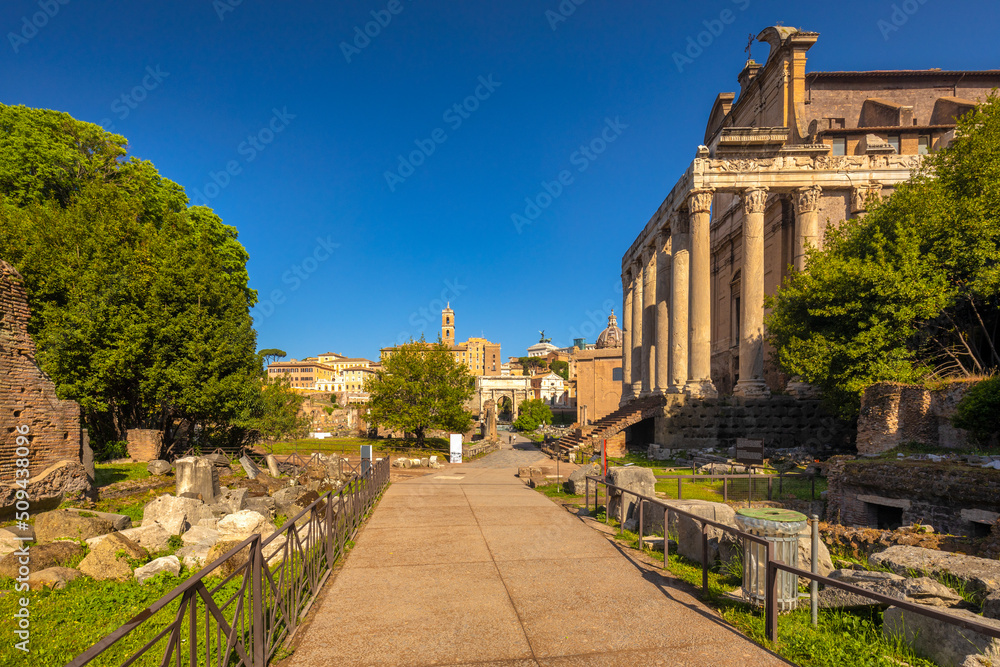 The Roman Forum (latin name Forum Romanum), plaza of the ancient roman ruins at the center of the city of Rome, Italy, Europe.