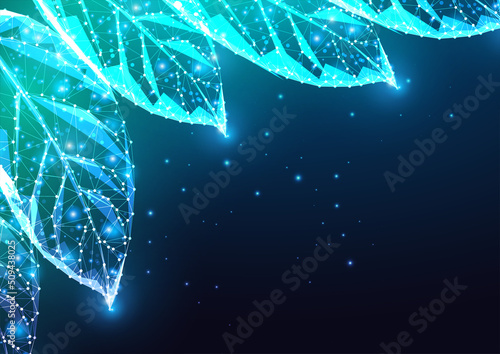Futuristic green leaves concept banner with glowing low polygonal leaves and copy space on blue 