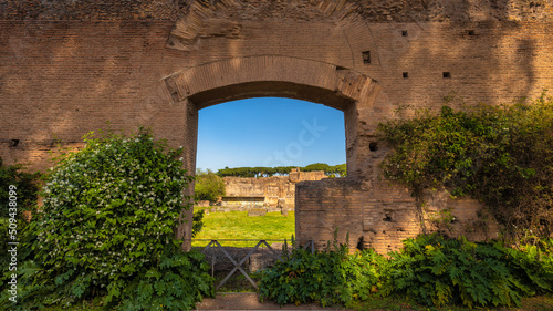 Canvas Print The ancient roman ruins on The Palatine Hill above of The Roman Forum in historic centre of Rome, Italy, Europe