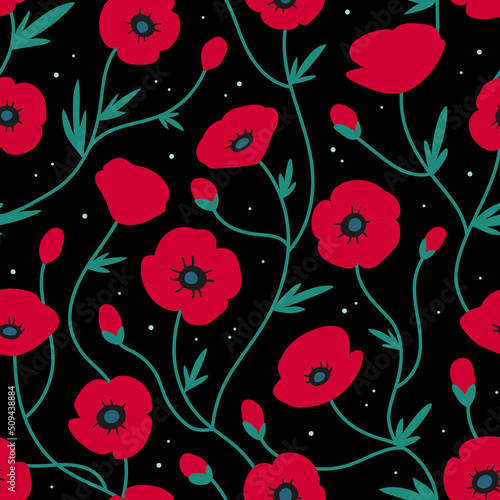 Poppy seamless pattern. Red poppies on black background. Texture for print, textile, packaging. Hand drawn vector illustration.