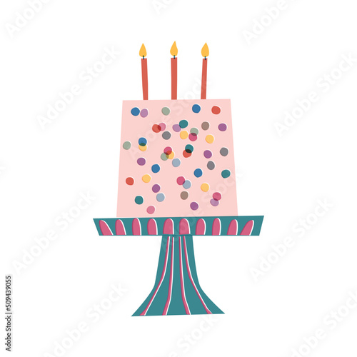 Festive cake with candles on a plate. Delicious dessert decorated with confetti. Vector hand drawn illustration isolated on white background. 