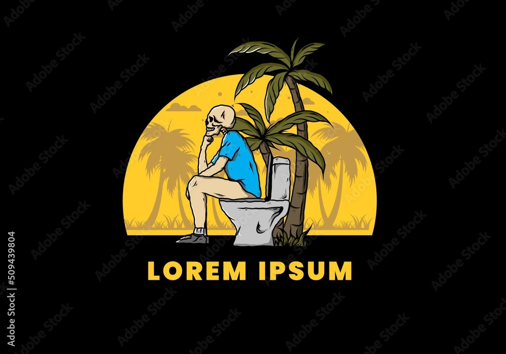 Skeleton man sit on outdoor toilet illustration