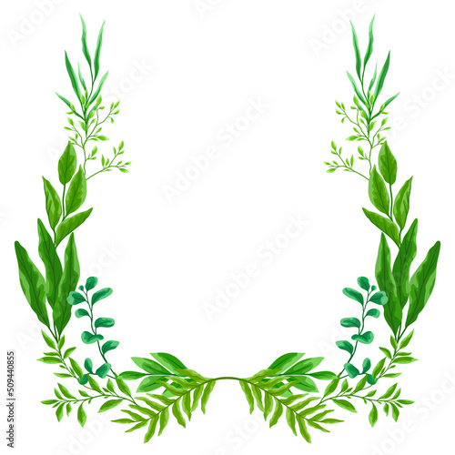 Frame with branches and green leaves. Spring or summer stylized foliage.