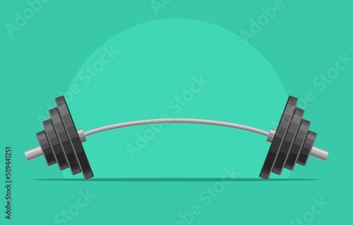 Curved barbell isolated on green background. Weightlifting equipment, Bodybuilding, gym, crossfit, workout, fitness club symbol. Sport vector illustration