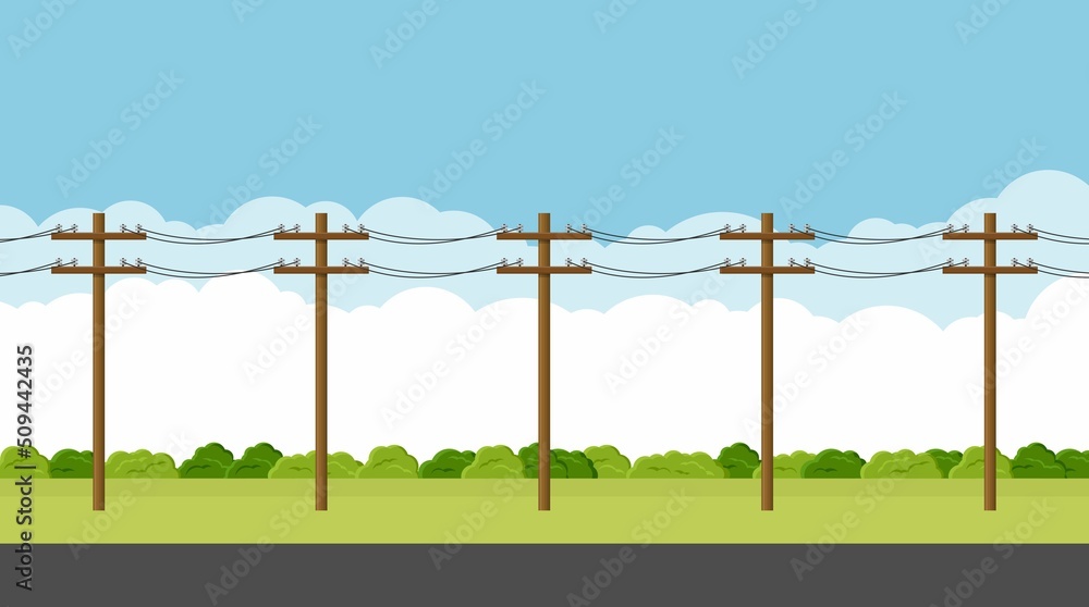 Overhead electric power lines with cables suspended on utility poles. Empty countryside road. Utility pole Electricity concept. High voltage wires. Landscape vector illustration - obrazy, fototapety, plakaty 