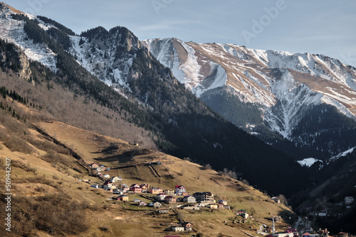 the mountains and the valley with the snow. the view of the at Trabzon village in Turkey.