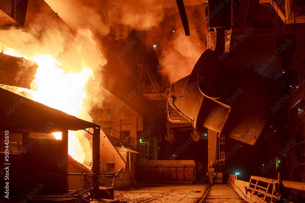 Basic oxygen steelmaking process in a steel mill.