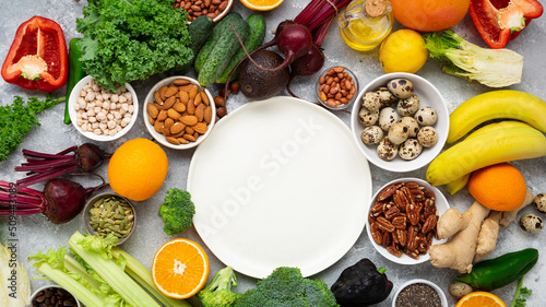 White empty plate and food set top view background cooking concept