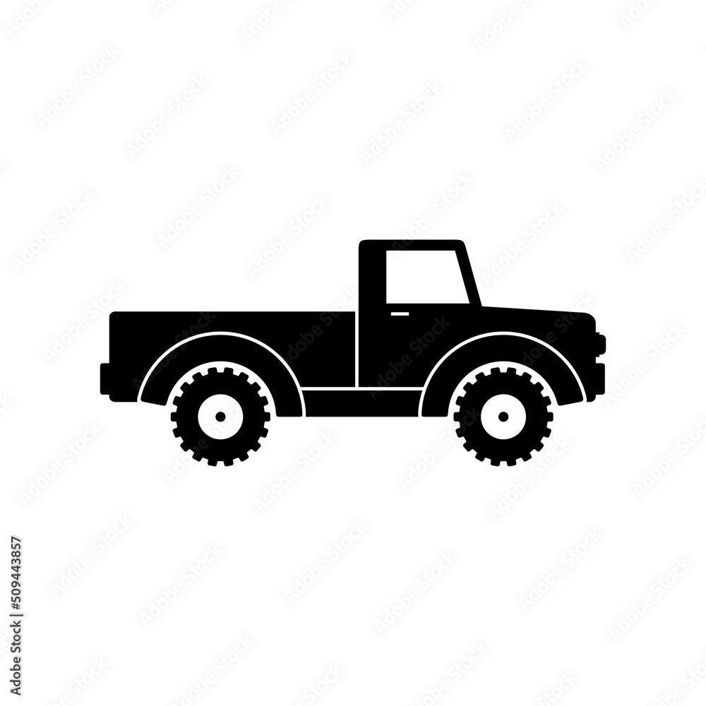 Retro pickup truck icon isolated on white background. Classic farming vehicles for transportation and hauling production. Vintage transport car with trailer and cargo symbol. Vector illustration