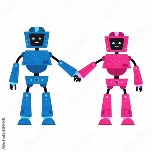Cute cartoon robots male and famale holding hands isolated on white background. Funny futuristic bots boy and girl with smiling friendly face and screen. Humanoid machine, Adorable cyborg. Vector