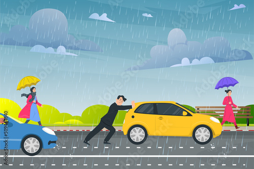 A car has  stopped due to heavy rain and a man is pushing. Vector illustration.