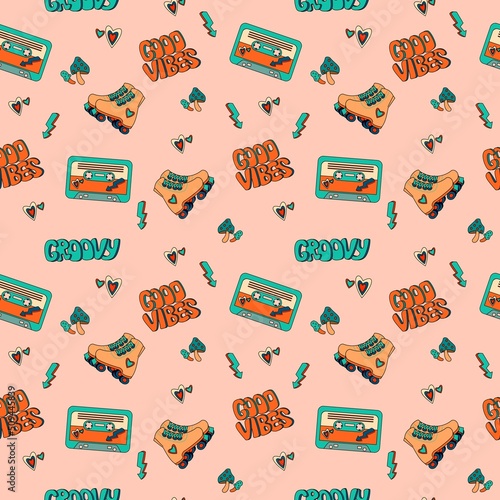 1970 groovy trippy pattern with audio cassette, good vibes text and Roller Skates