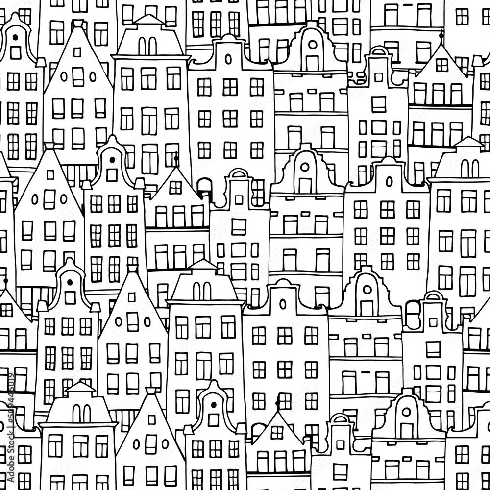 Amsterdam houses seamless pattern. European city. Hand drawn vector illustration. Black and white. Cartoon outline houses facades. Texture for print, textile, fabric, packaging.